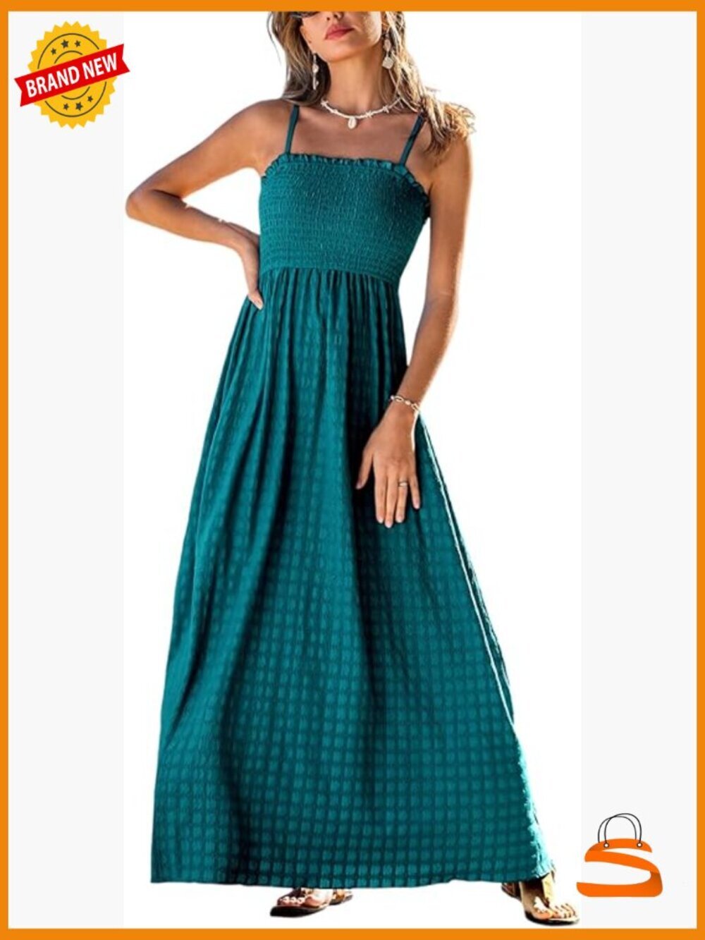Boho Smocked Maxi Sundress Spaghetti Strap Flowy Long Casual Beach Dress